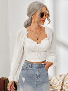 SHEIN Frenchy Áo nữ viền lá sen Xù Thắt nơ trước Nếp gấp Phần Ngực màu trơn Boho - trắng - Xem 4