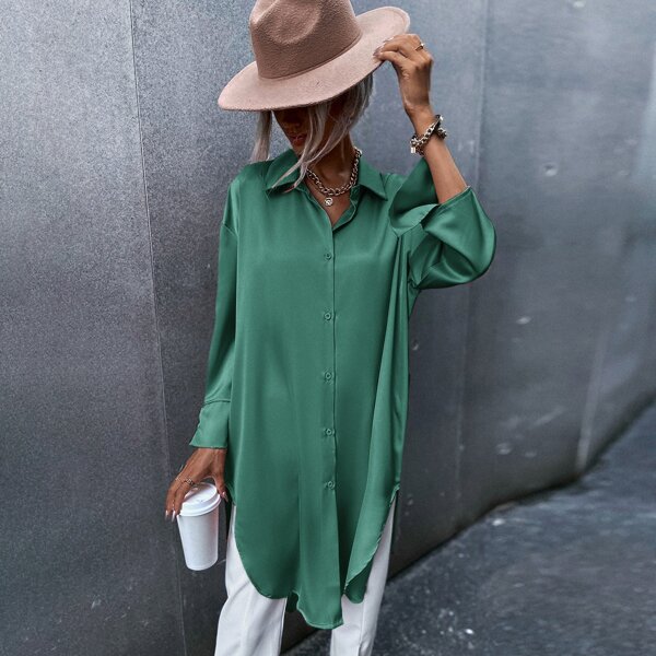 

Solid Button Front Curved Hem Blouse, Green