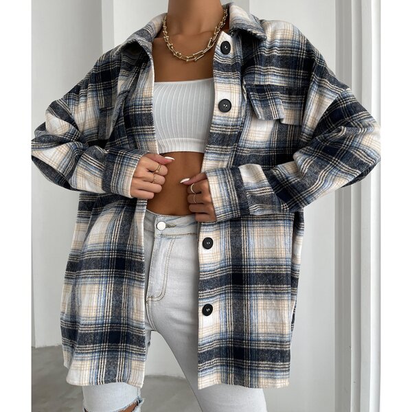 

Plaid Drop Shoulder Flap Pocket Coat, Multicolor