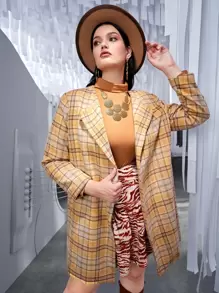 SHEIN Unity Plus Tartan Slant Pocket Overcoat - Multicolor - View 6