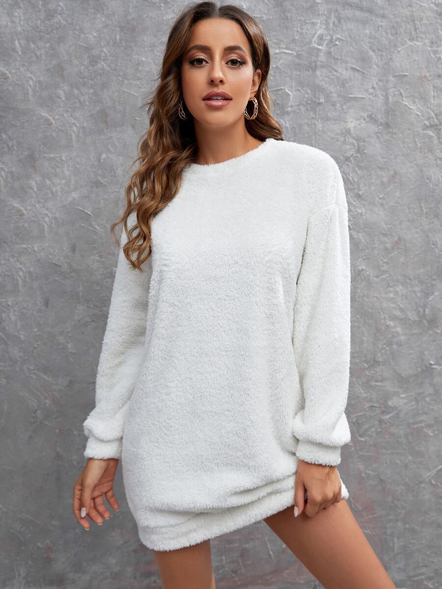 SHEIN LUNE Drop Shoulder Teddy Sweatshirt Dress - White - View 1