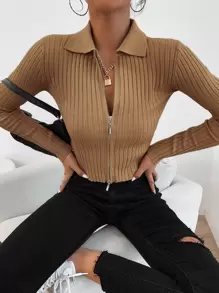 SHEIN EZwear Ribbed Knit Zip Up Crop Cardigan - Camel - View 1