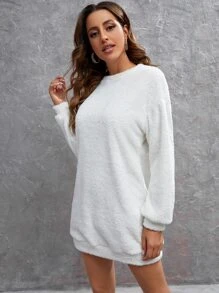 SHEIN LUNE Drop Shoulder Teddy Sweatshirt Dress - White - View 5