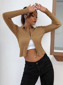 SHEIN EZwear Ribbed Knit Zip Up Crop Cardigan - Camel - View 3