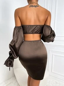 鏤空一字肩系帶荷葉袖露背緊身連衣裙 - 巧克力棕 - 查看 3