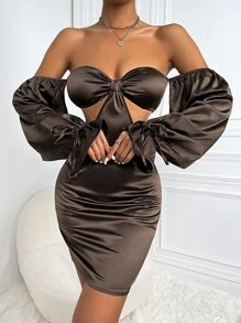 鏤空一字肩系帶荷葉袖露背緊身連衣裙 - 巧克力棕 - 查看 4