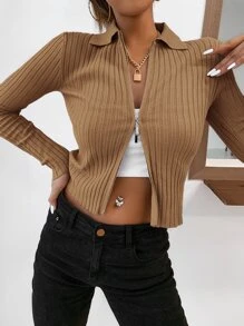 SHEIN EZwear Ribbed Knit Zip Up Crop Cardigan - Camel - View 5