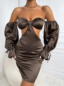 鏤空一字肩系帶荷葉袖露背緊身連衣裙 - 巧克力棕 - 查看 1