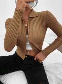 SHEIN EZwear Ribbed Knit Zip Up Crop Cardigan - Camel - View 6