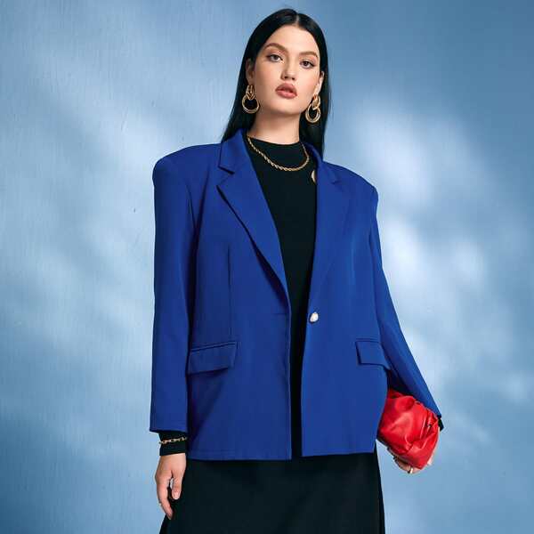 

Plus Lapel Neck Padded Shoulder Blazer, Blue