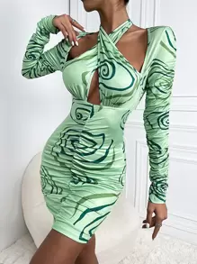 Vestido ajustado con estampado de anillo anual fruncido de cuello halter