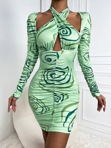 Vestido ajustado con estampado de anillo anual fruncido de cuello halter