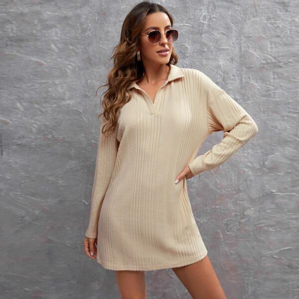 

Solid Ribbed Knit Drop Shoulder Dress, Beige