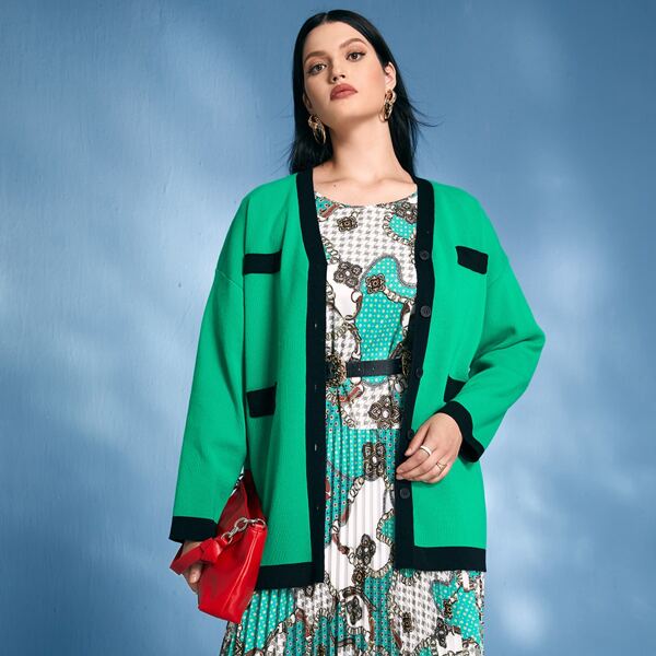 

Plus Drop Shoulder Contrast Trim Cardigan, Green