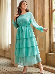 SHEIN 大碼圓點荷葉袖多層下擺繫腰帶連衣裙 - 薄荷綠 - 查看 1