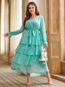 SHEIN 大碼圓點荷葉袖多層下擺繫腰帶連衣裙 - 薄荷綠 - 查看 4