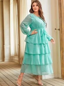 SHEIN 大碼圓點荷葉袖多層下擺繫腰帶連衣裙 - 薄荷綠 - 查看 5