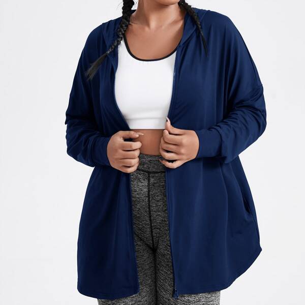 

Plus Drop Shoulder Hooded Sports Jacket, Navy blue