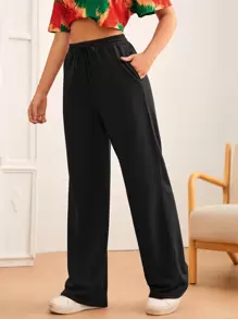 SHEIN Tall Solid Drawstring Waist Joggers - Black - View 3