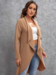 SHEIN LUNE 大翻領斜口袋外套 - 卡其色 - 查看 3