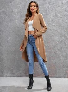 SHEIN LUNE 大翻領斜口袋外套 - 卡其色 - 查看 4