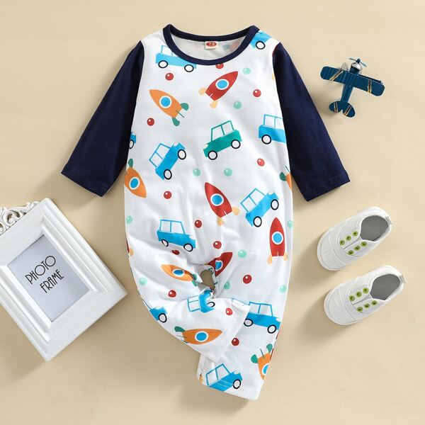 

Baby Car Print Contrast Binding Jumpsuit, White