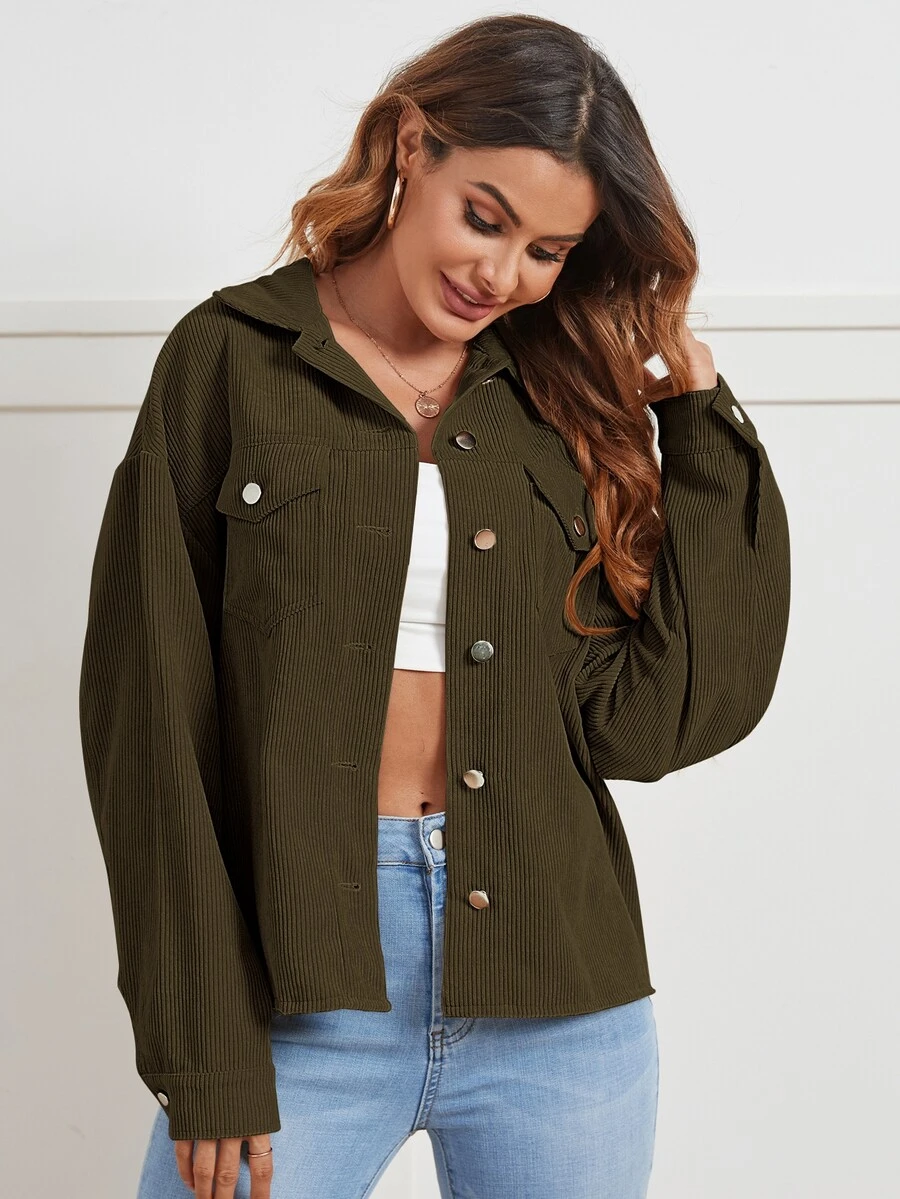 SHEIN Flap Pocket Drop Shoulder Cord Jacket - Olive Green - View 1
