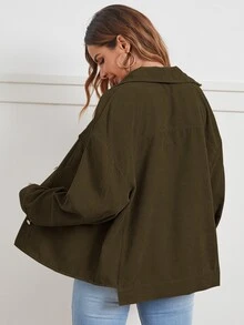 SHEIN Flap Pocket Drop Shoulder Cord Jacket - Olive Green - View 2