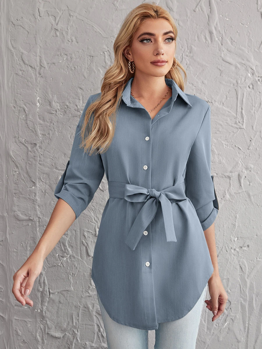 SHEIN Unity 捲邊邊袖自腰帶襯衫 - 霧霾藍 - 查看 1