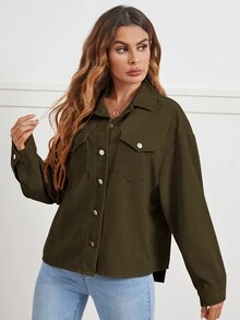 SHEIN Flap Pocket Drop Shoulder Cord Jacket - Olive Green - View 3