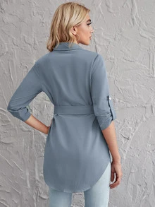 SHEIN Unity 捲邊邊袖自腰帶襯衫 - 霧霾藍 - 查看 2