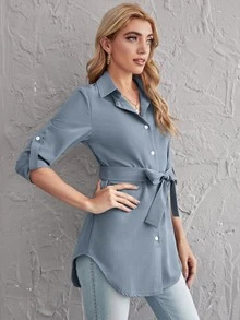 SHEIN Unity 捲邊邊袖自腰帶襯衫 - 霧霾藍 - 查看 3