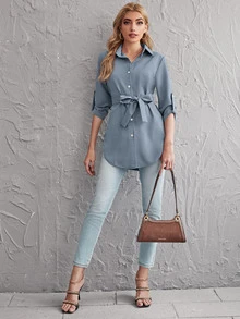 SHEIN Unity 捲邊邊袖自腰帶襯衫 - 霧霾藍 - 查看 4