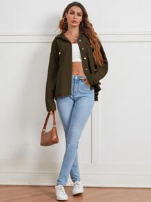 SHEIN Flap Pocket Drop Shoulder Cord Jacket - Olive Green - View 4