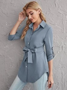 SHEIN Unity 捲邊邊袖自腰帶襯衫 - 霧霾藍 - 查看 5
