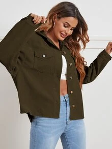 SHEIN Flap Pocket Drop Shoulder Cord Jacket - Olive Green - View 5