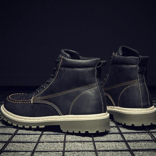 

Men Letter Patch Stitch Detail Lace-up Front Boots, Black
