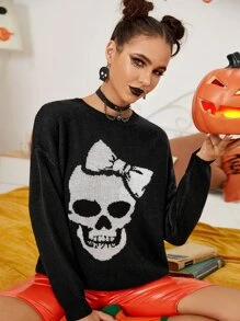 Skull Pattern Drop Shoulder Sweater - Black - View 1