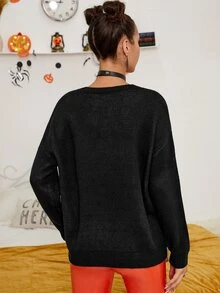Skull Pattern Drop Shoulder Sweater - Black - View 2