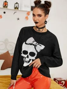 Skull Pattern Drop Shoulder Sweater - Black - View 3