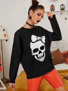 Skull Pattern Drop Shoulder Sweater - Black - View 4