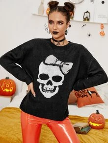 Skull Pattern Drop Shoulder Sweater - Black - View 5