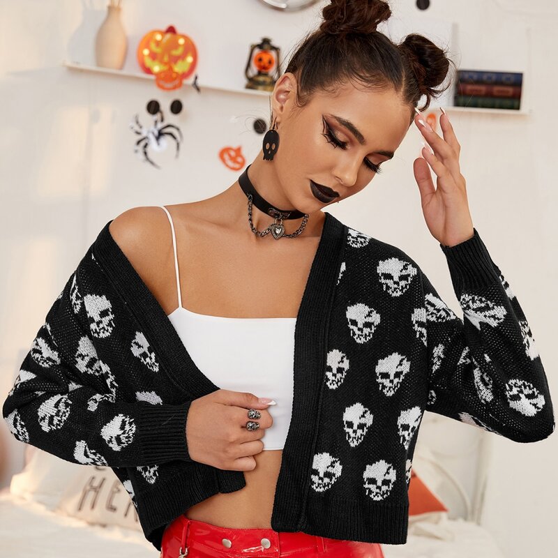 

Skull Pattern Drop Shoulder Open Front Cardigan, Black and white