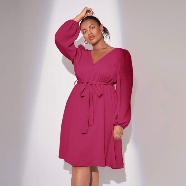 

Plus Single Breasted Belted Dress, Hot pink