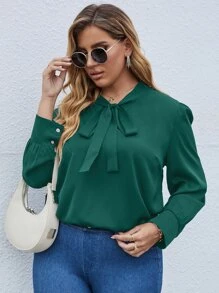 SHEIN LUNE Plus Tie Neck Puff Sleeve Blouse - Dark Green - View 1