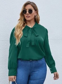 SHEIN LUNE Plus Tie Neck Puff Sleeve Blouse - Dark Green - View 4