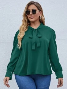SHEIN LUNE Plus Tie Neck Puff Sleeve Blouse - Dark Green - View 5