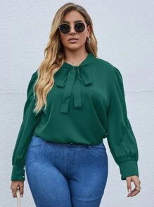 SHEIN LUNE Plus Tie Neck Puff Sleeve Blouse - Dark Green - View 6