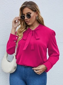 SHEIN LUNE Plus Tie Neck Puff Sleeve Blouse - Hot Pink - View 1