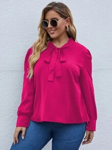 SHEIN LUNE Plus Tie Neck Puff Sleeve Blouse - Hot Pink - View 3